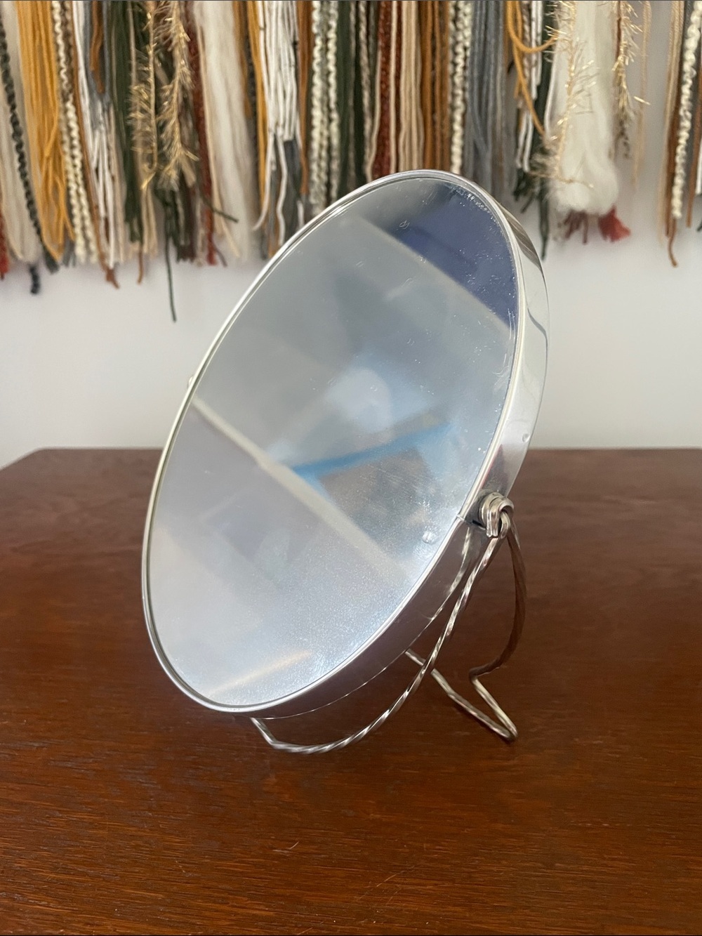 Silver Round Table Mirror with Foldable Stand Vintage